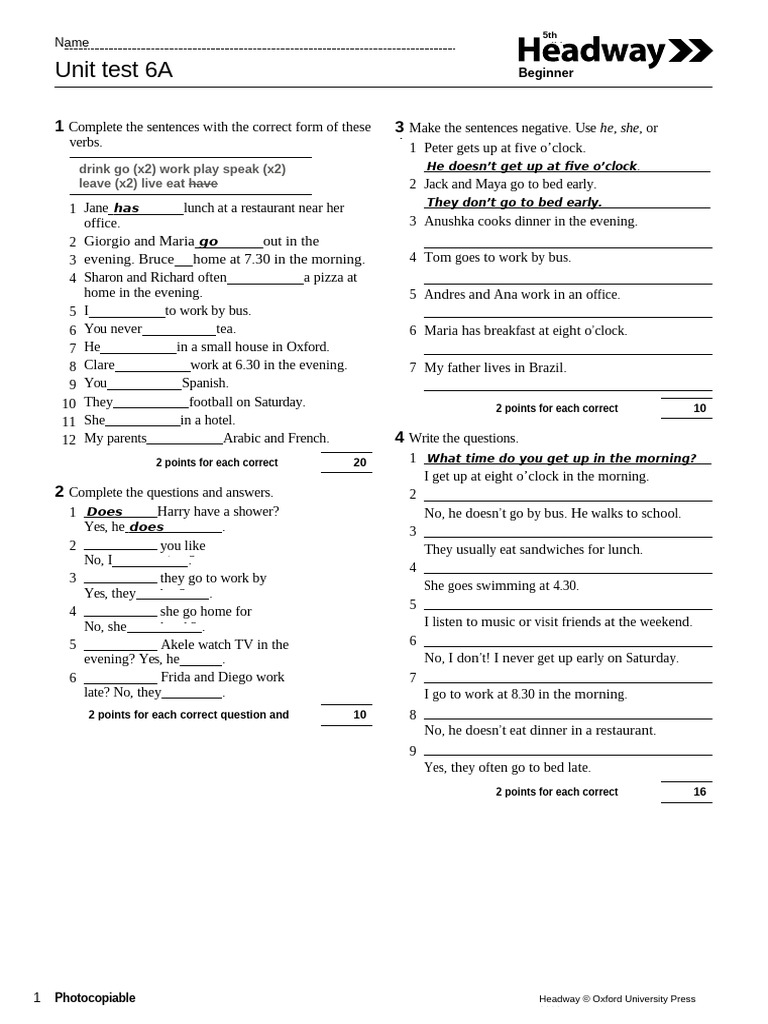 Unit Test 6A: Beginner Level | PDF | Lunch | Linguistics