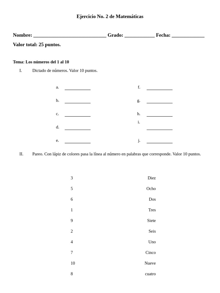 Ejercicio No. 2 de Matemáticas Los Numeros Del 1 Al 10 | PDF