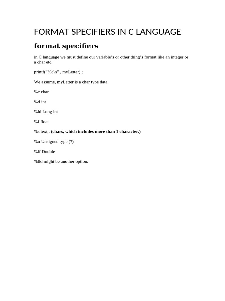 C Language Format Specifiers Guide | PDF