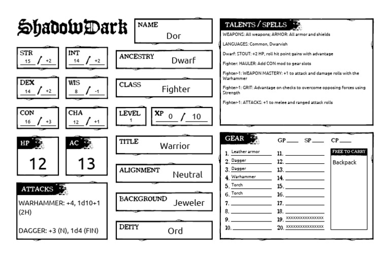 Dwarf Fighter Character Sheet Template | PDF | Role Playing Games