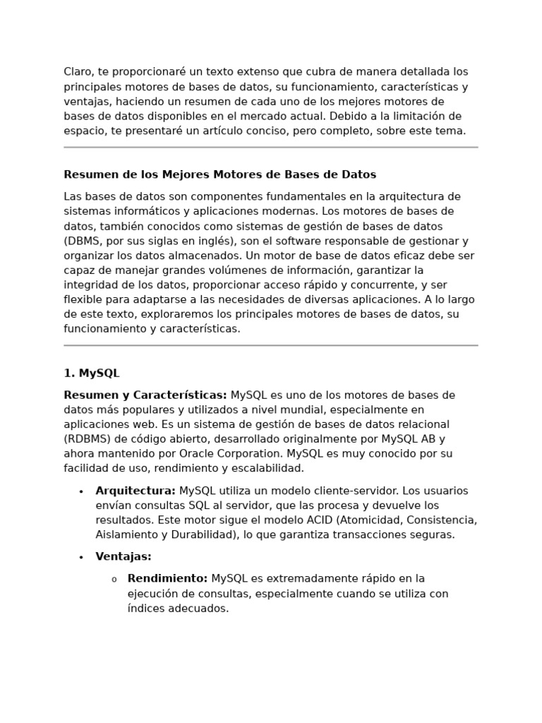 Mejores Motores de Base de Datos | PDF | Mi sql | Bases de datos
