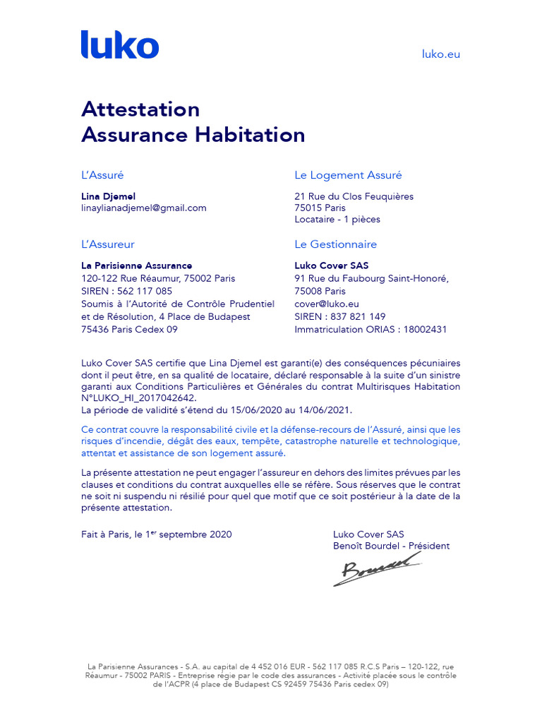 Attestation d'Assurance Habitation Luko | PDF