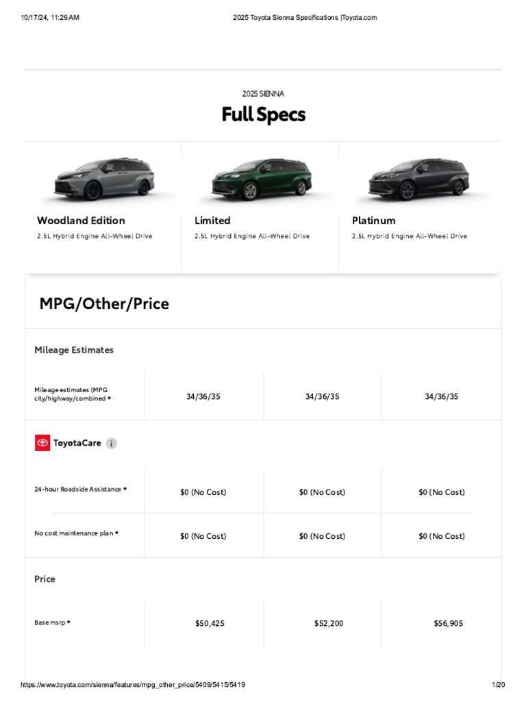 2025 Toyota Sienna Specifications _Toyota | PDF