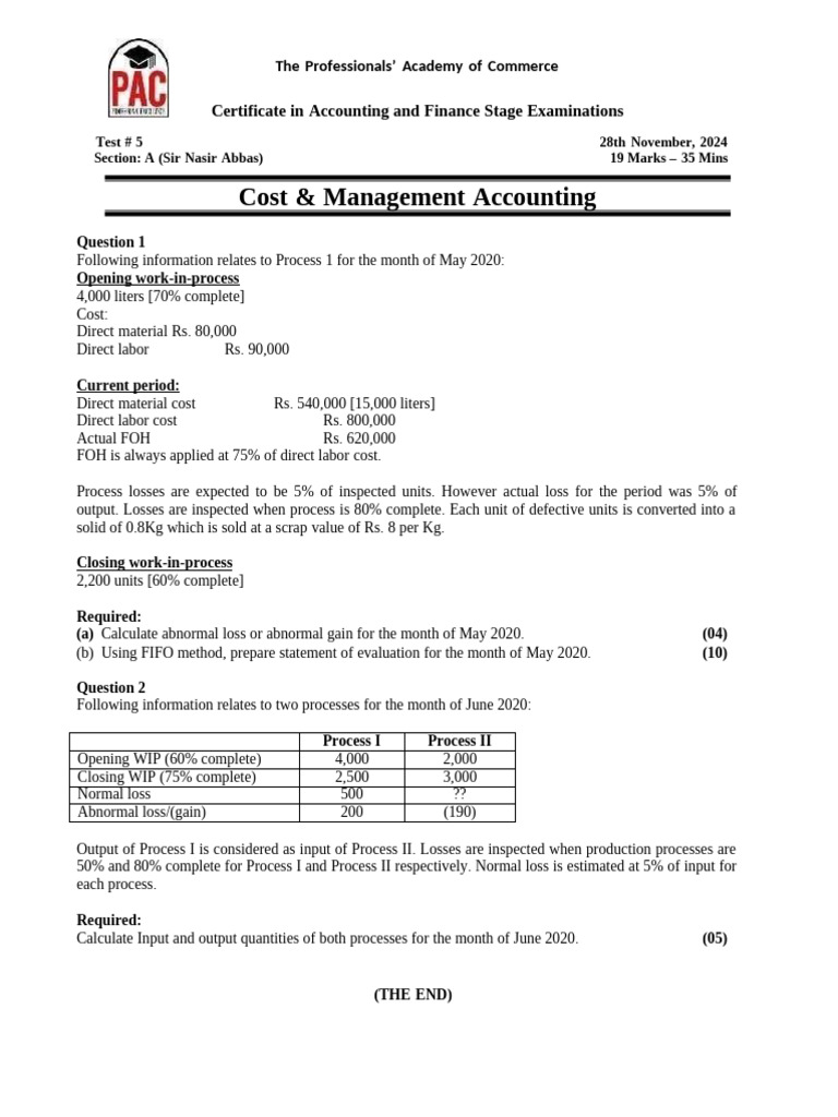 CMAC BBA Accounting Exam Test 5 | PDF