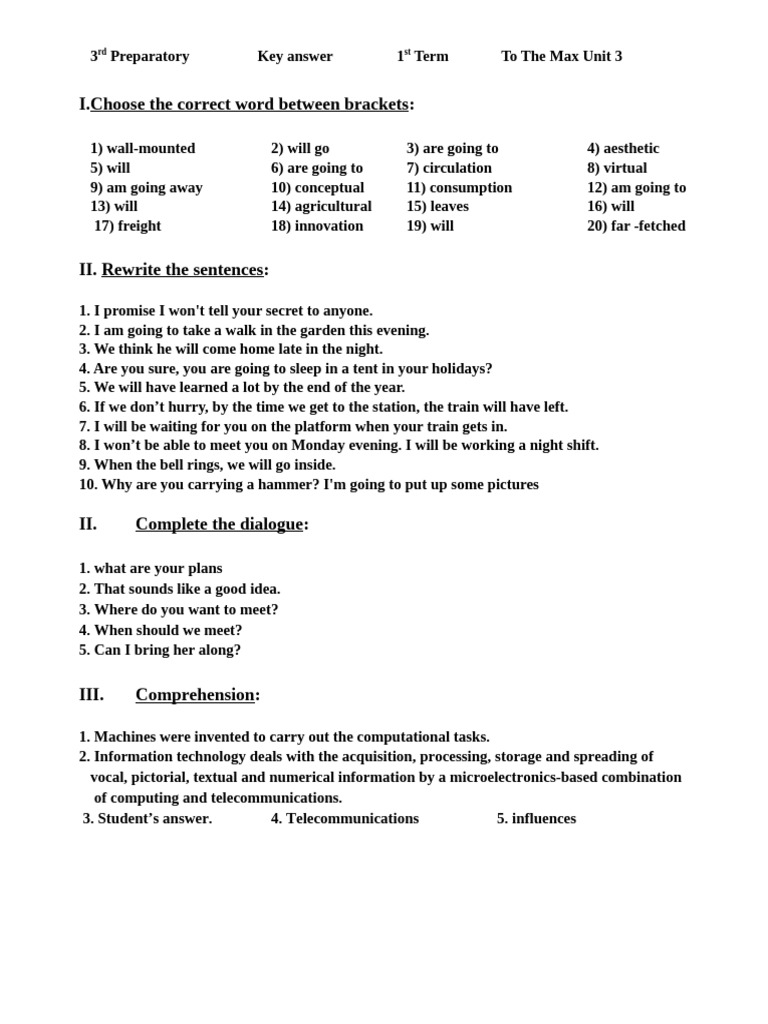3rd Prep. Unit 3 Key Answer | PDF