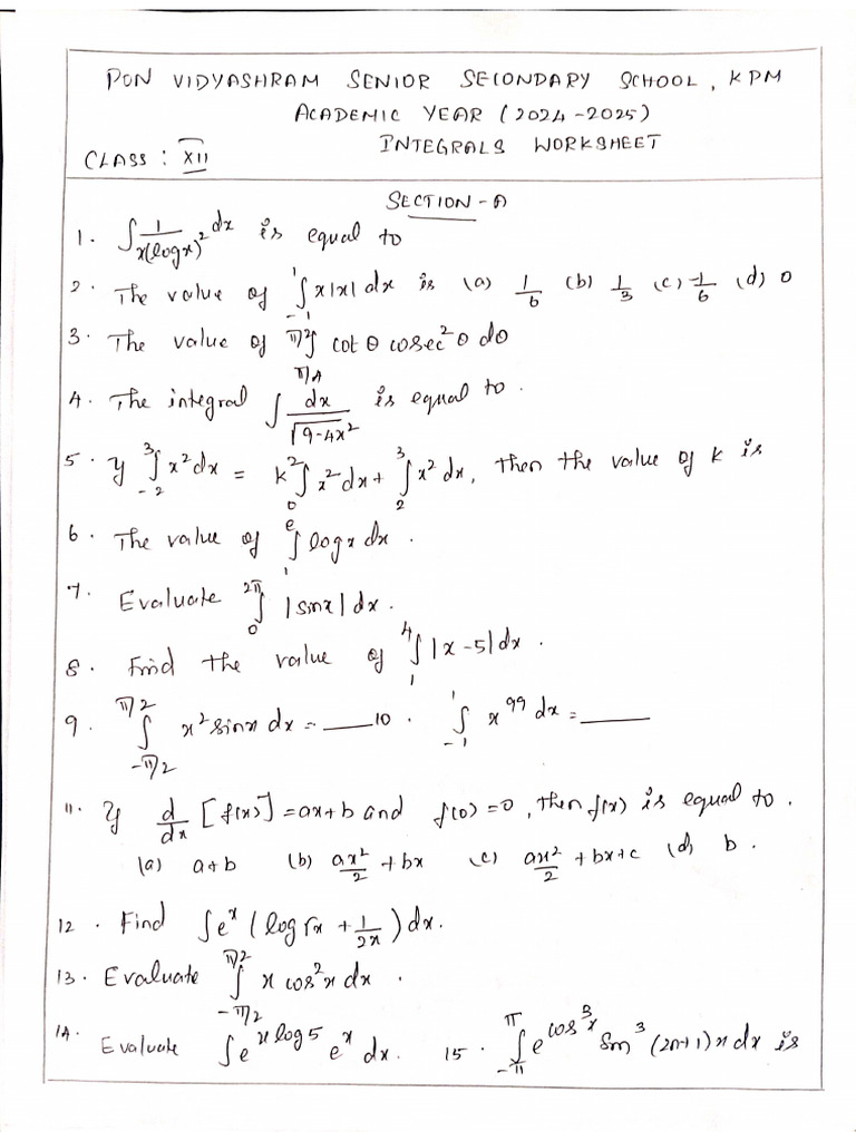 Class XII Maths Work Sheet For Chapter 7 and 8 | PDF