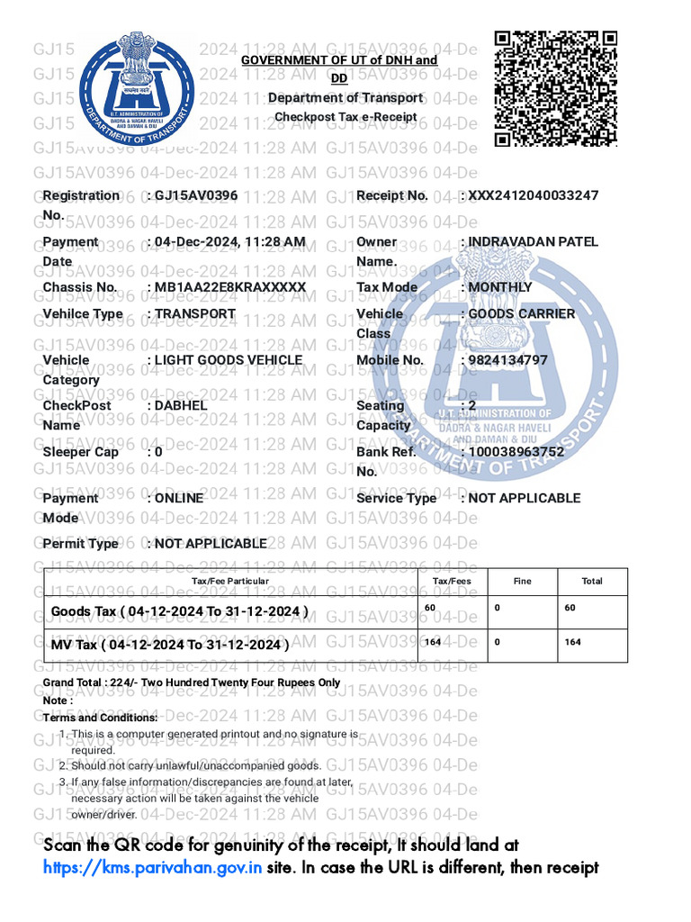 Checkpost Tax Receipt for Vehicle | PDF