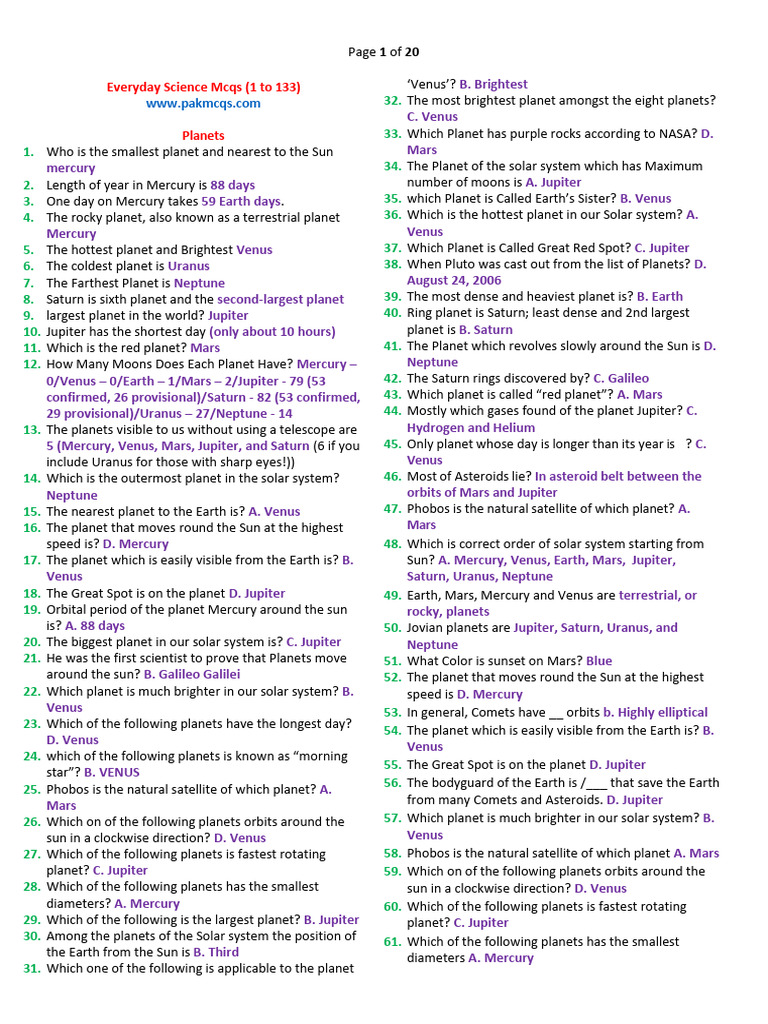Everyday Science MCQs Compilation | PDF | Planets | Solar System