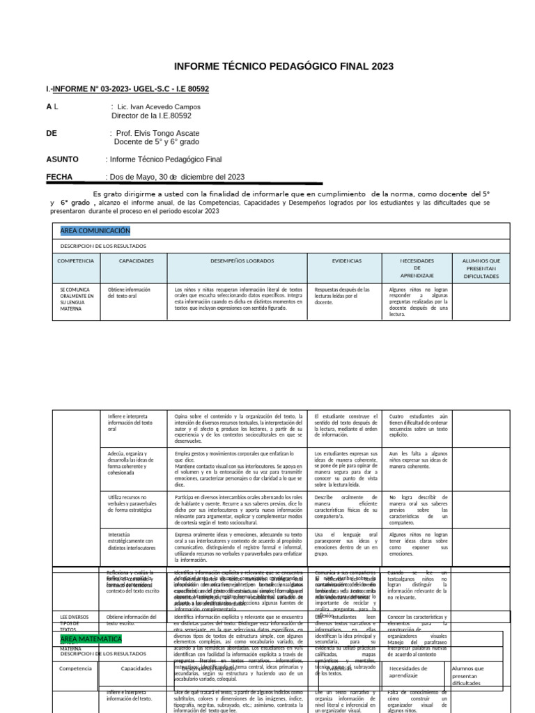 Informe Pedagógico Final 2023 | PDF | Geometría | Aprendizaje