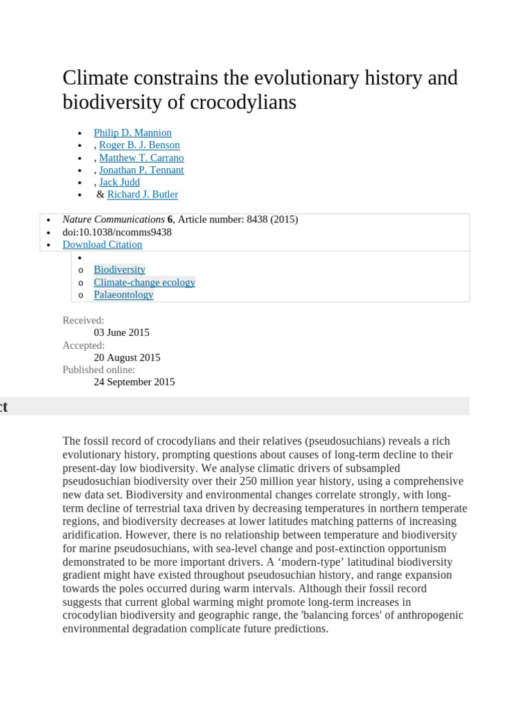 Climate constrains the evolutionary history and biodiversity of ...