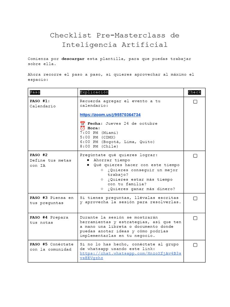 Checklist para Masterclass de IA | PDF