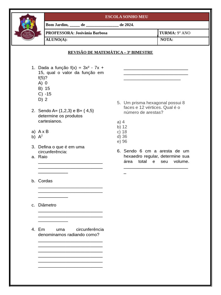 Revisão de Matemática 9º Ano - 3º Bimestre | PDF