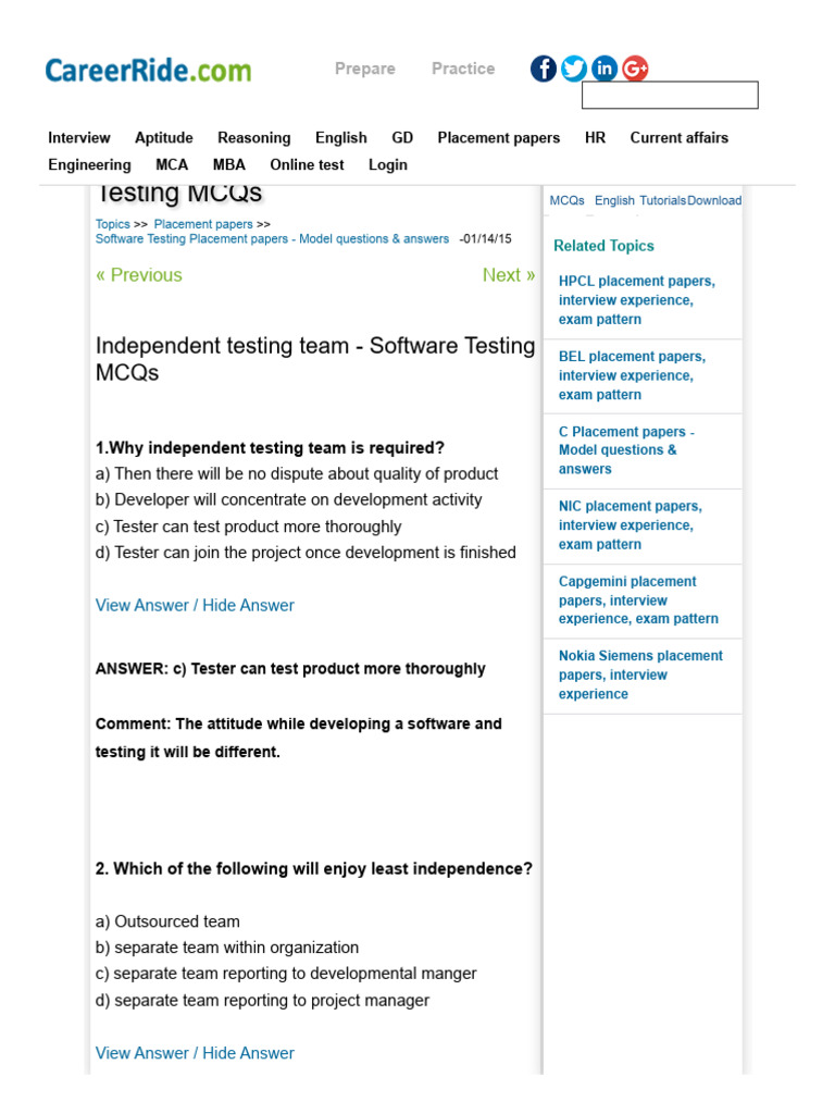 Independent Testing Team - Software Testing MCQs | PDF | Software ...
