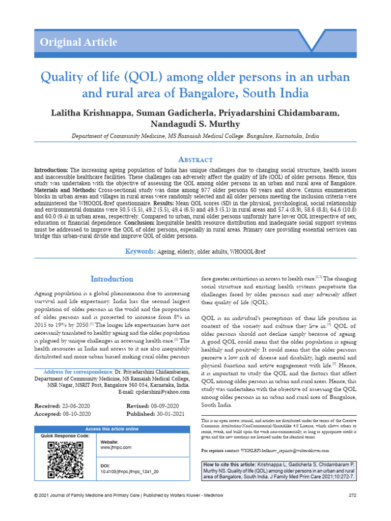 QOL of Older Adults in Bangalore, India | PDF | Median | Sample Size ...