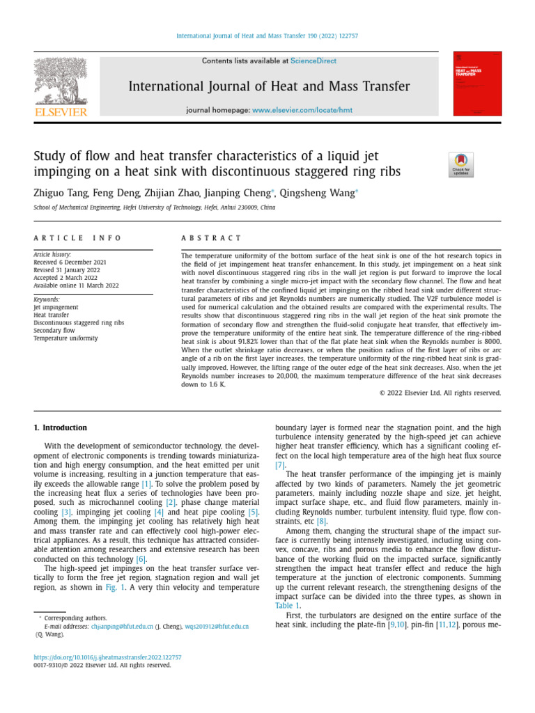 Study of Flow and Heat Transfer Characteristics of A Liquid Jet ...