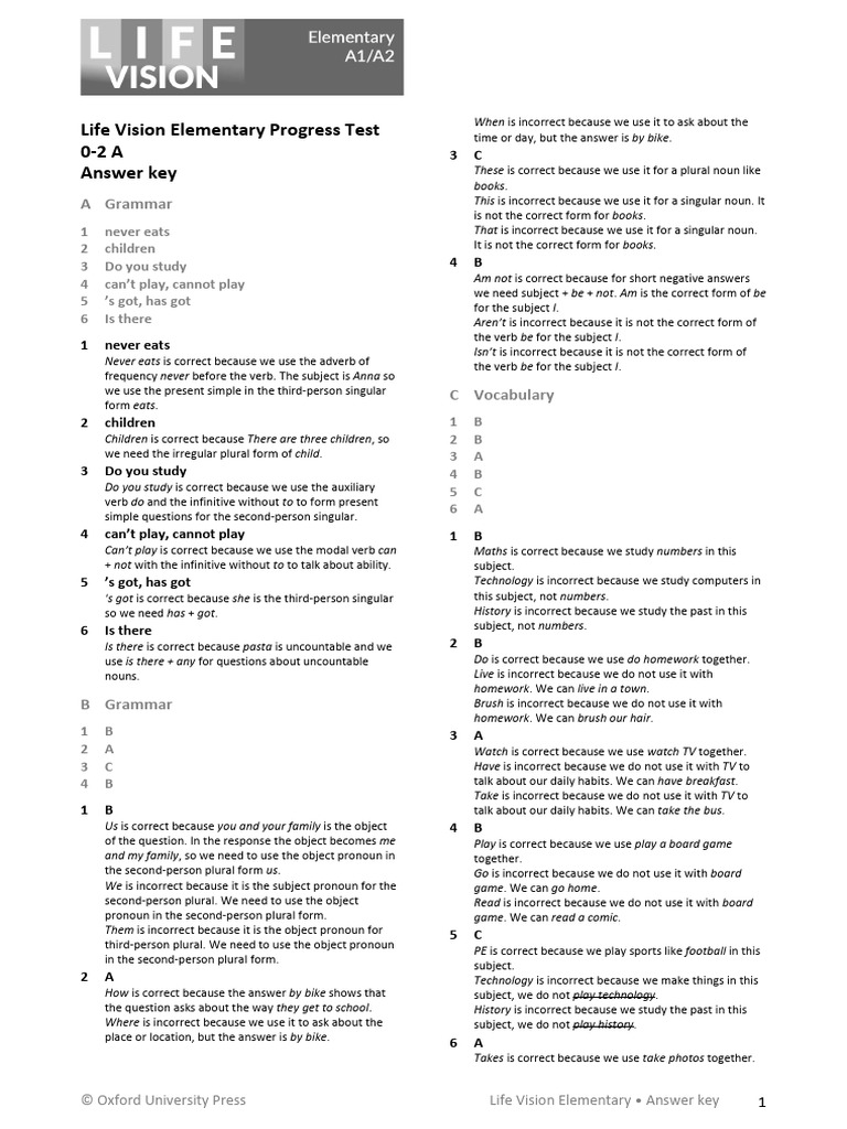 Lif Visi Ele Progress 0-2a Answer Key | PDF | Verb | Grammatical Number