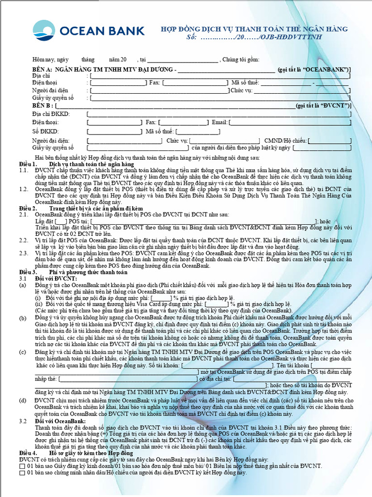 HĐ dịch vụ thanh toán thẻ - Ocean Bank | PDF