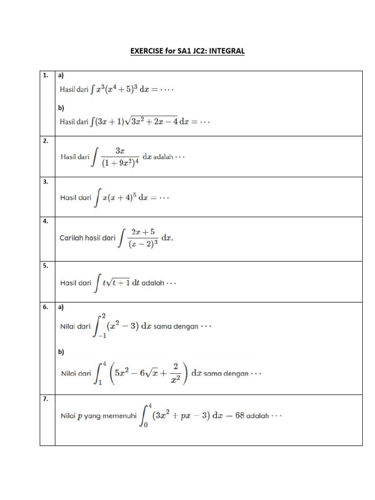 Integral Exercise for SA1 JC2 | PDF
