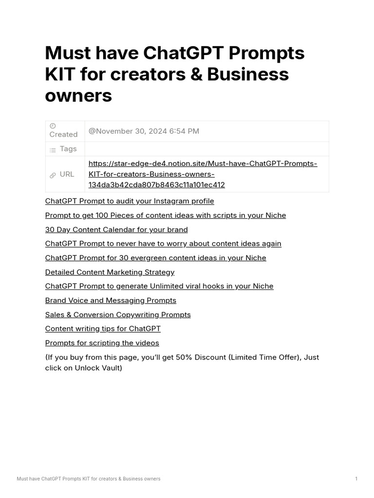 Must Have ChatGPT Prompts KIT For Creators Business Owners | PDF
