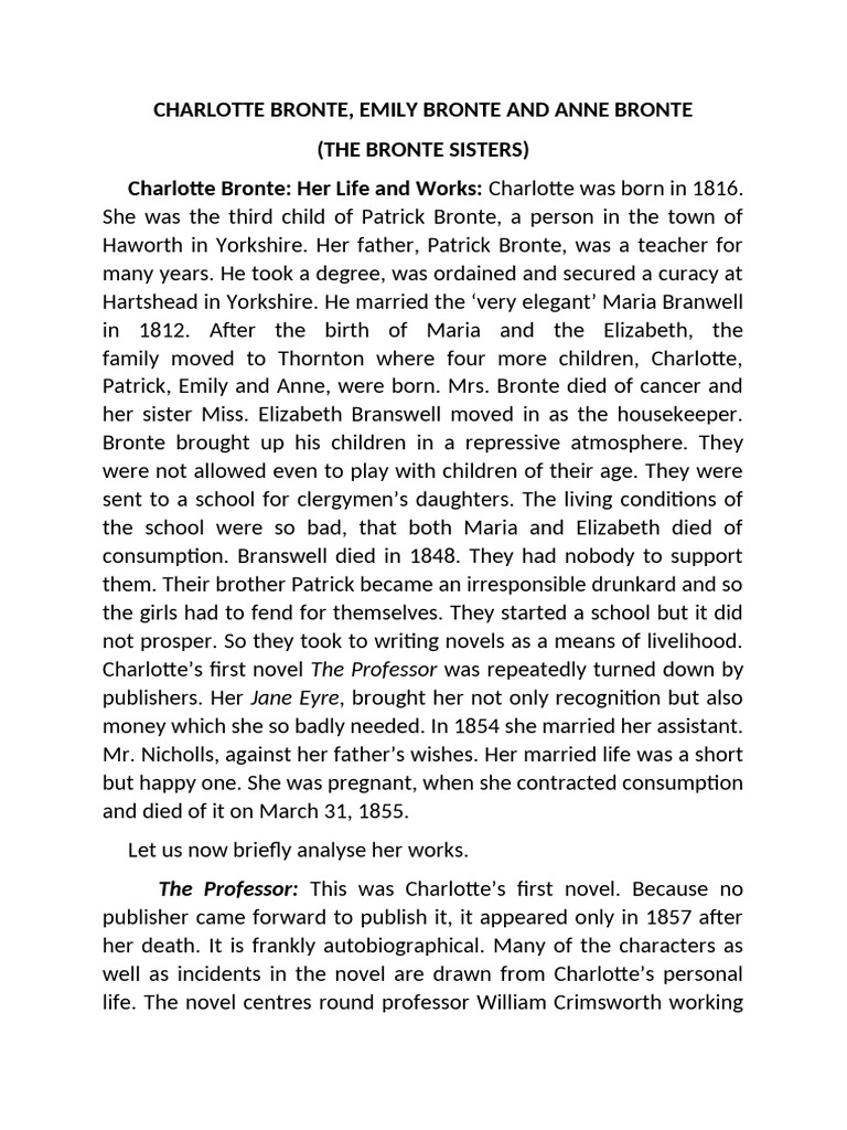 The Bronte Sisters: Lives and Works | PDF | Charlotte Brontë | Brontë ...