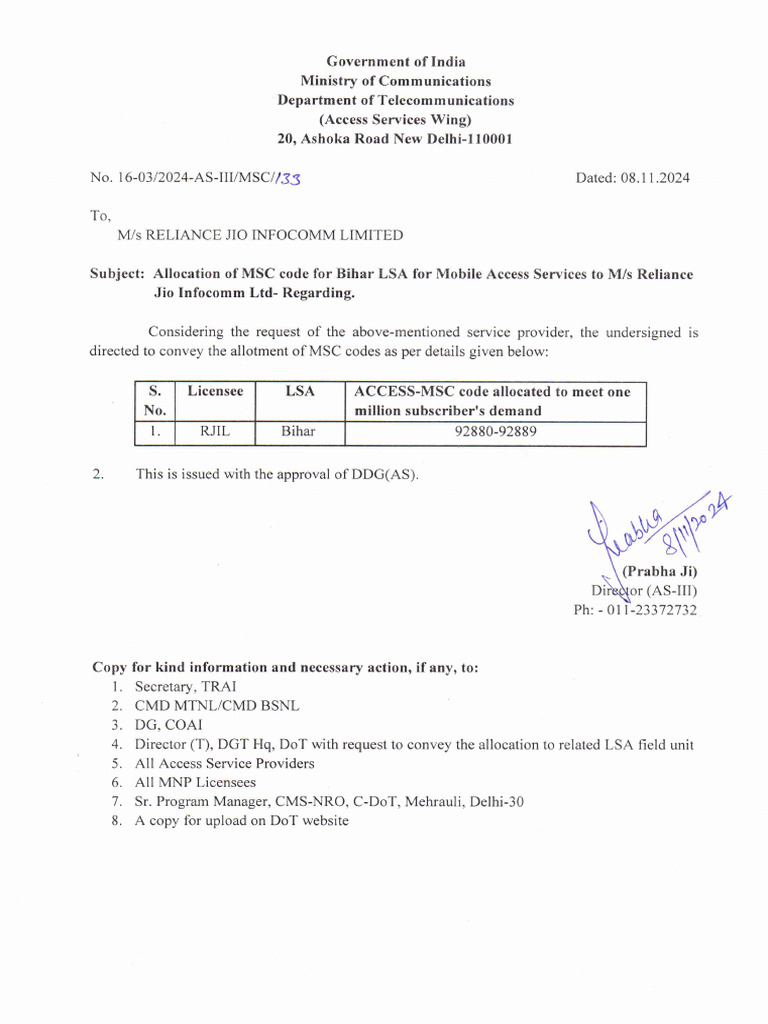 MSC Code For Bihar LSA To Reliance Jio | PDF