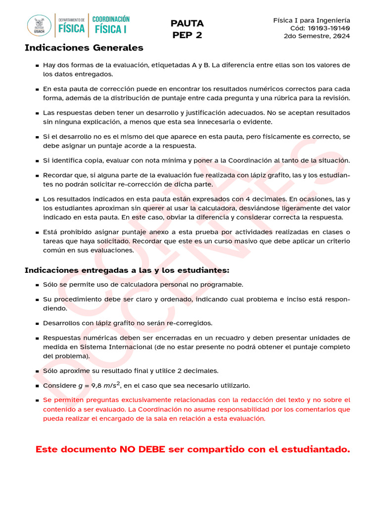 Pauta de Evaluación Física I Ingeniería 2024 | PDF | Fricción | Mecánica