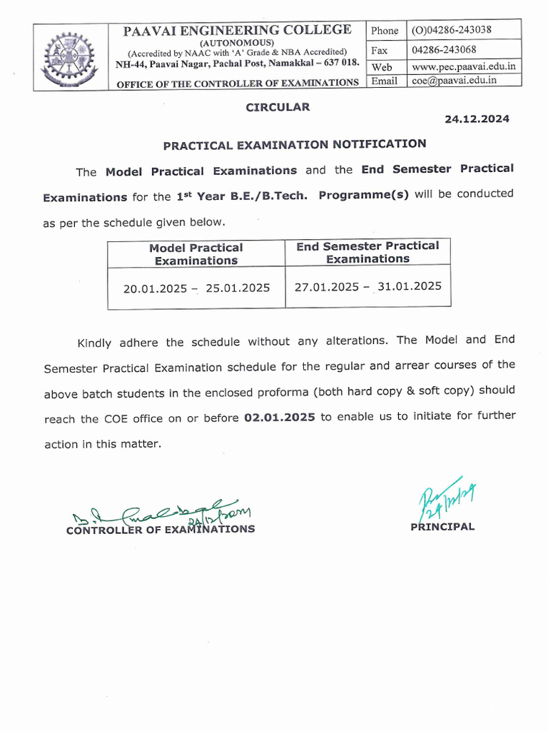 I UG Year ND 2024 Model & End Semester Practical Schedule | PDF