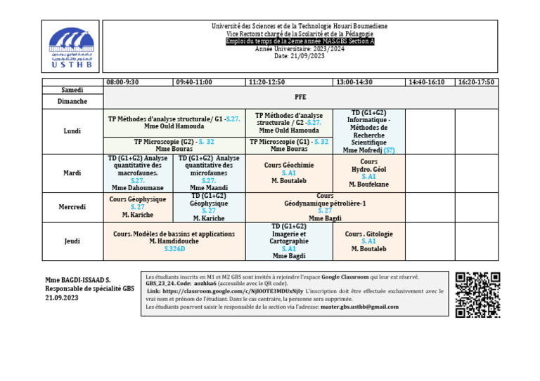 Emploi du temps 2023/2024 GBS USTHB | PDF | Science