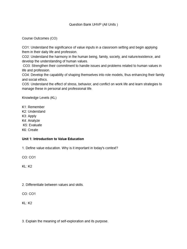 UHVP Question Bank Overview | PDF | Cognition | Psychological Concepts