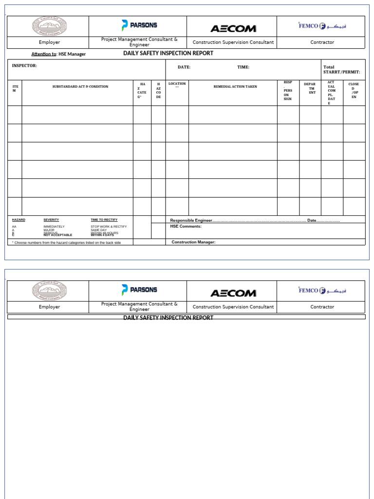 Daily Safety Inspection Report Template | PDF | Safety | Occupational ...