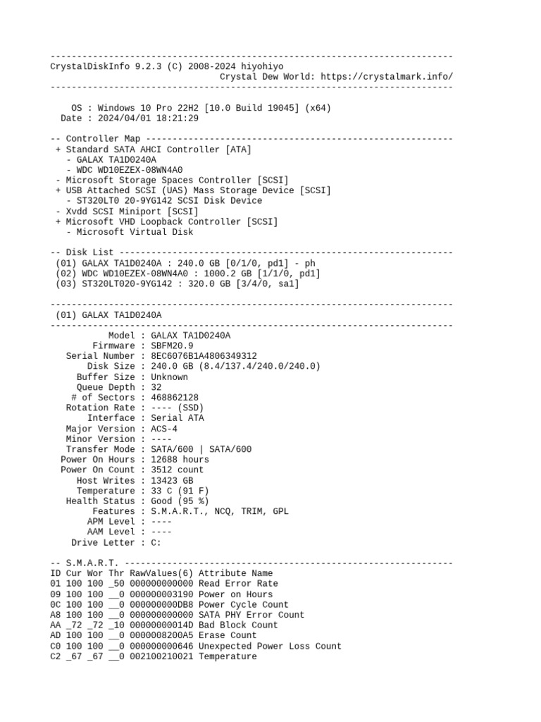 CrystalDiskInfo 20240401182120 | PDF | Hard Disk Drive | Computer Science
