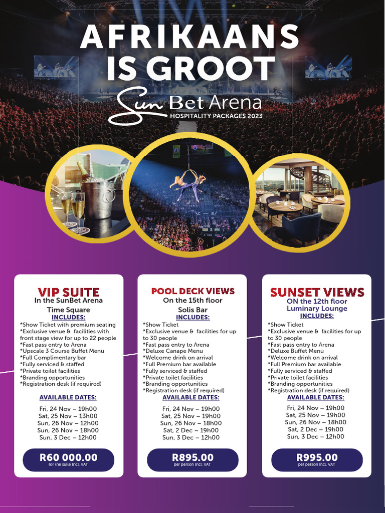 Sunbet Arena Hospitality Packages Flyer Afrikaans Is Groot | PDF