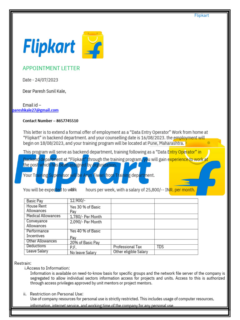 Flipkart Data Entry Operator Appointment Letter | PDF | Breach Of ...