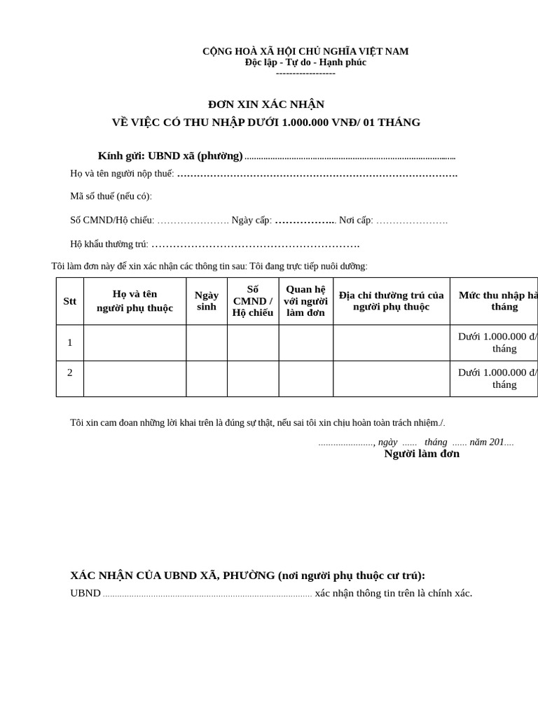 Don xin xac nhan thu nhap duoi 1 trieu pdf