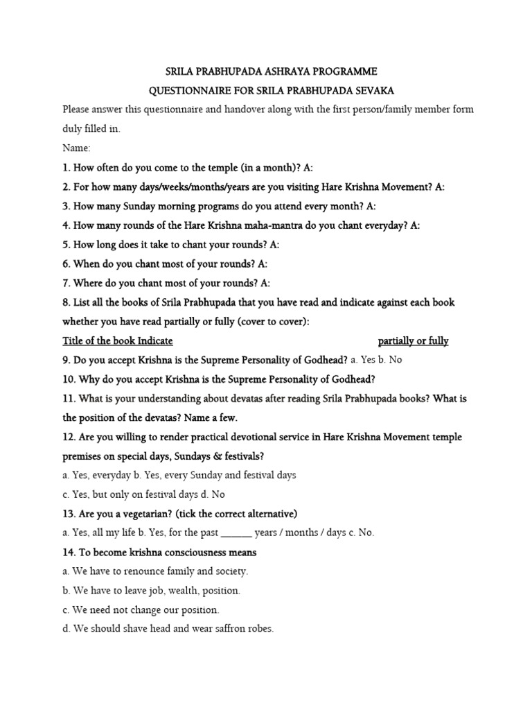 Srila Prabhupada Sevaka Questionnaire | PDF