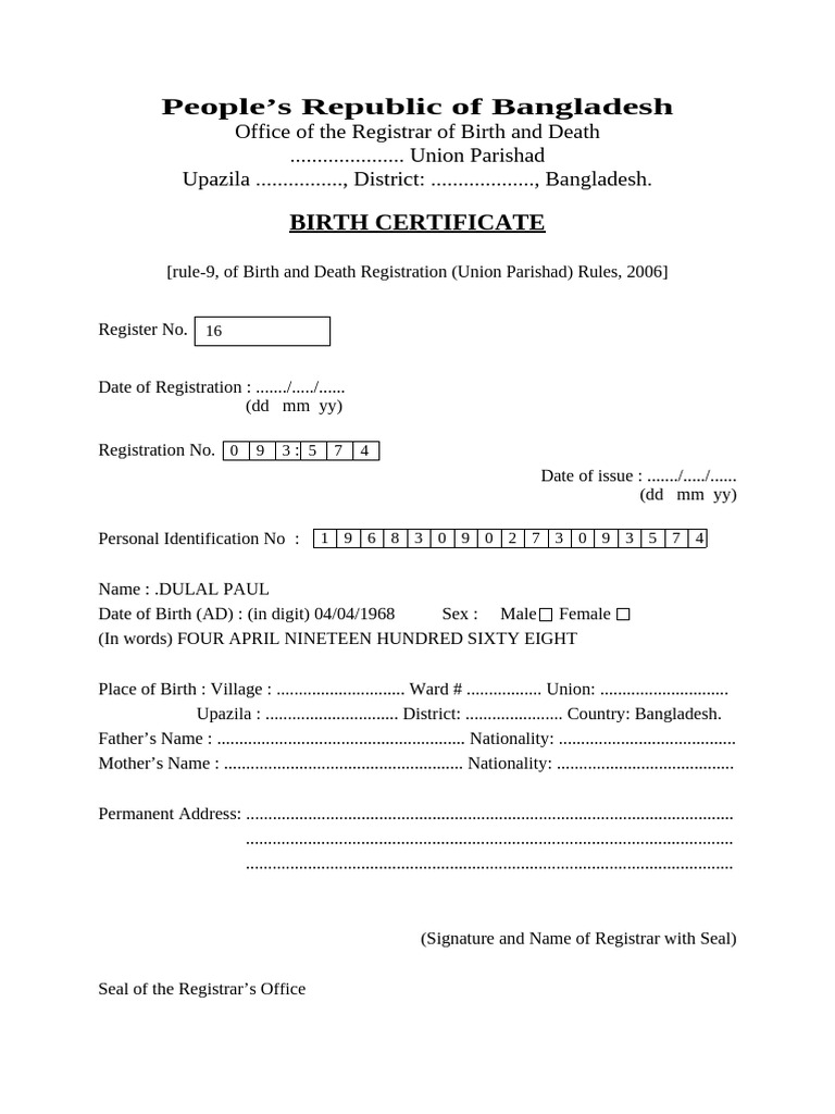 Bangladesh Birth Certificate Template | PDF