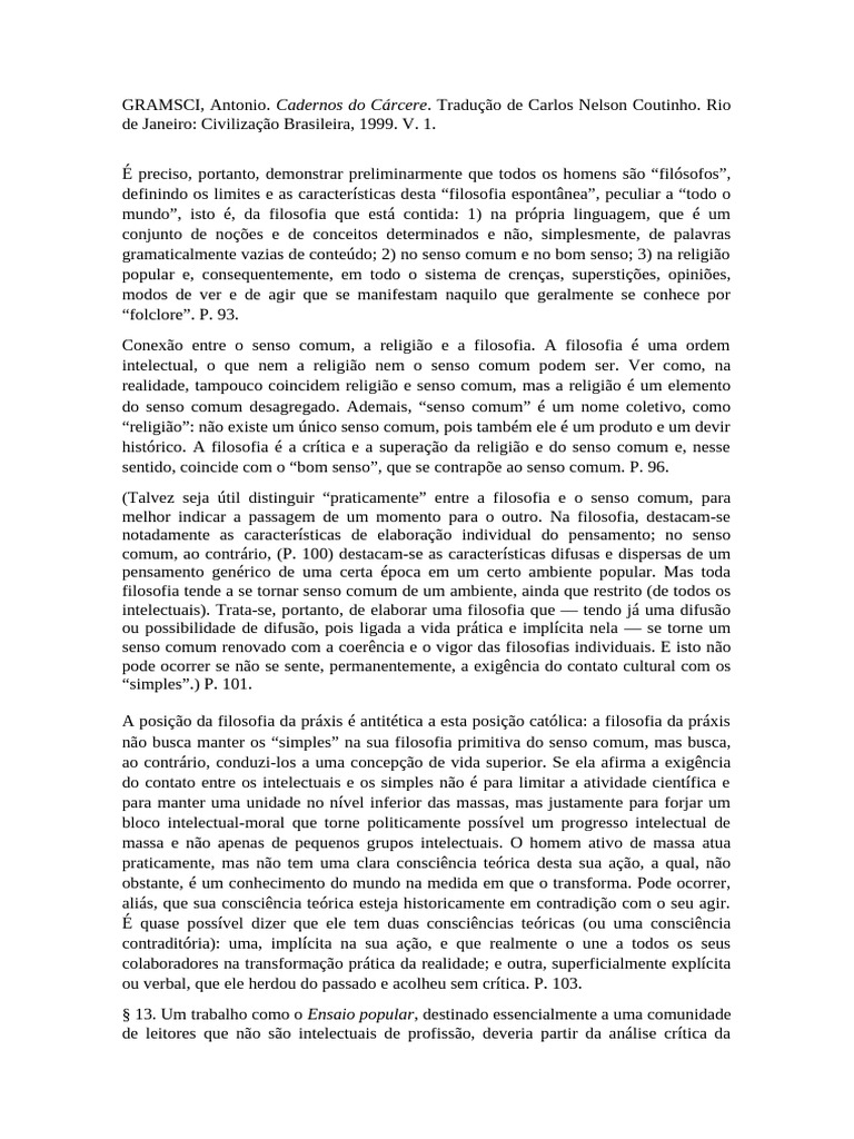 Senso Comum e Filosofia em Gramsci | PDF | Antonio Gramsci | Science