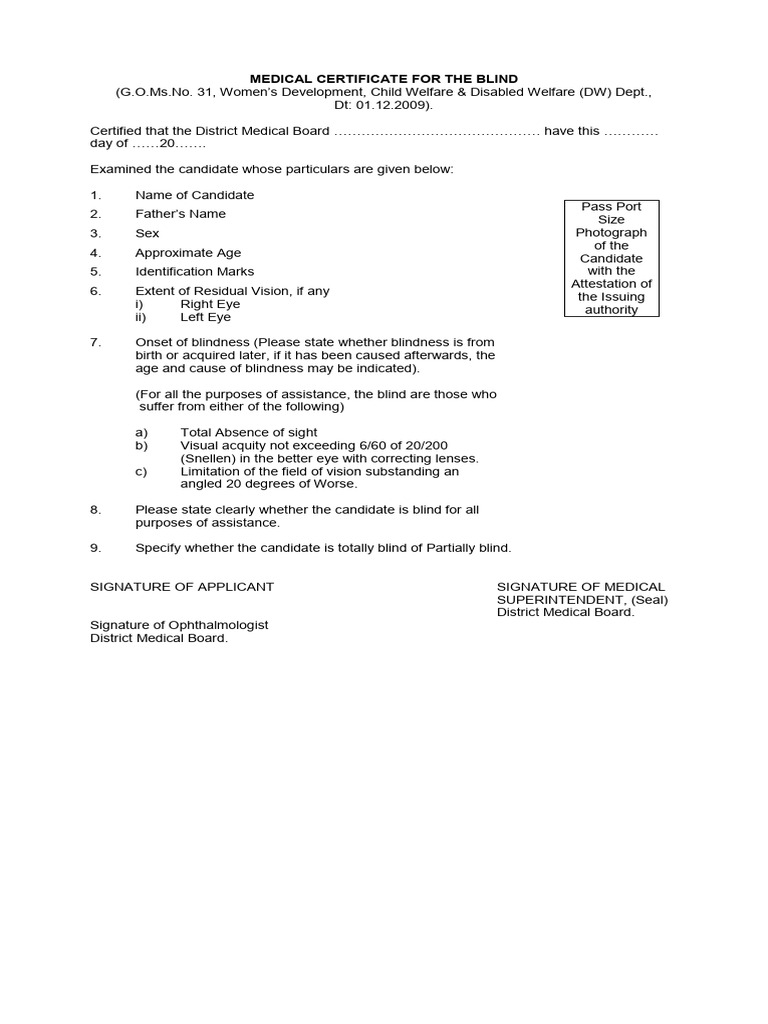 Medical Certificate for Blindness | PDF