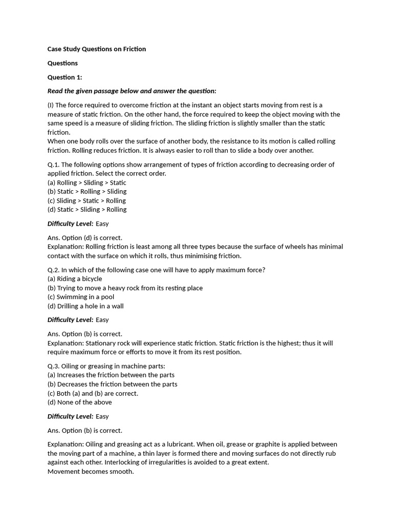 Case Study Questions on Friction for Class 8 | PDF | Cell (Biology ...