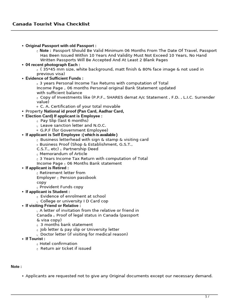 Canada Tourist Visa Checklist | PDF | Travel Visa | Passport