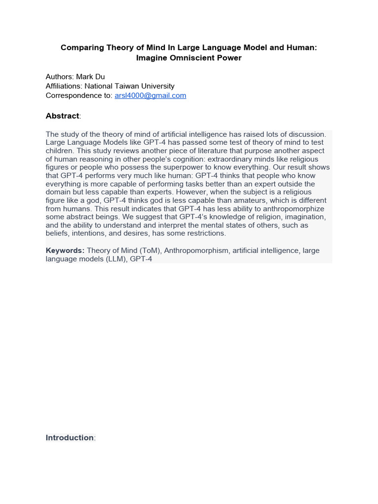 AI vs. Human Theory of Mind Analysis | PDF | Theory Of Mind | Knowledge