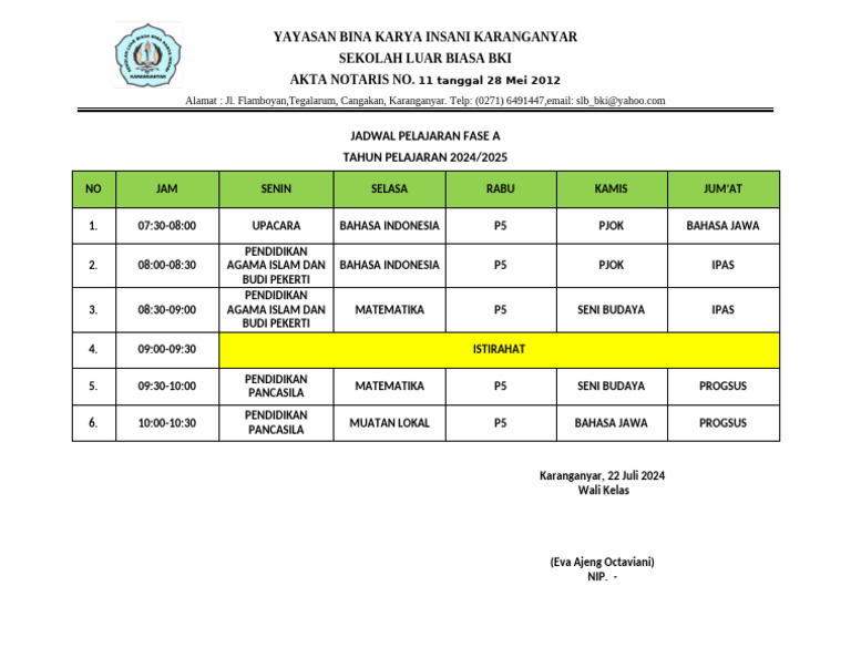 Jadwal Pelajaran Kelas 2 Fase A New | PDF