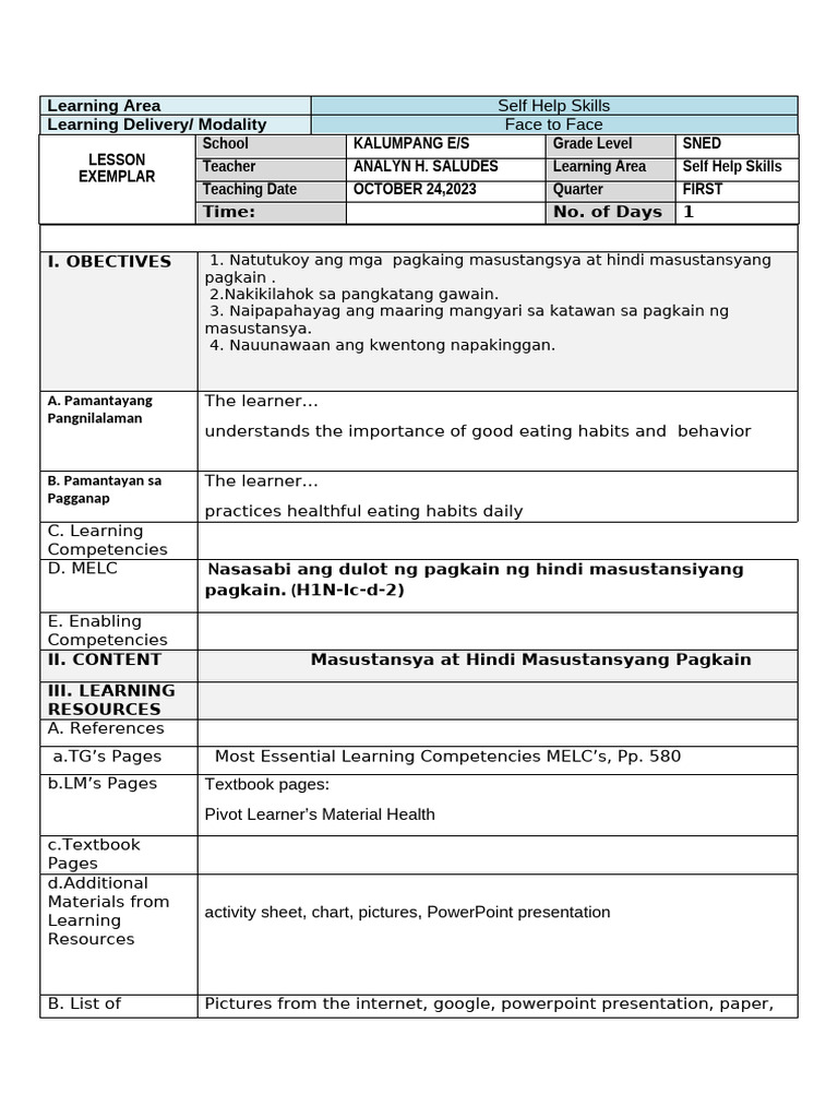 COT - LE in Self Help Skills 1 Q1 | PDF