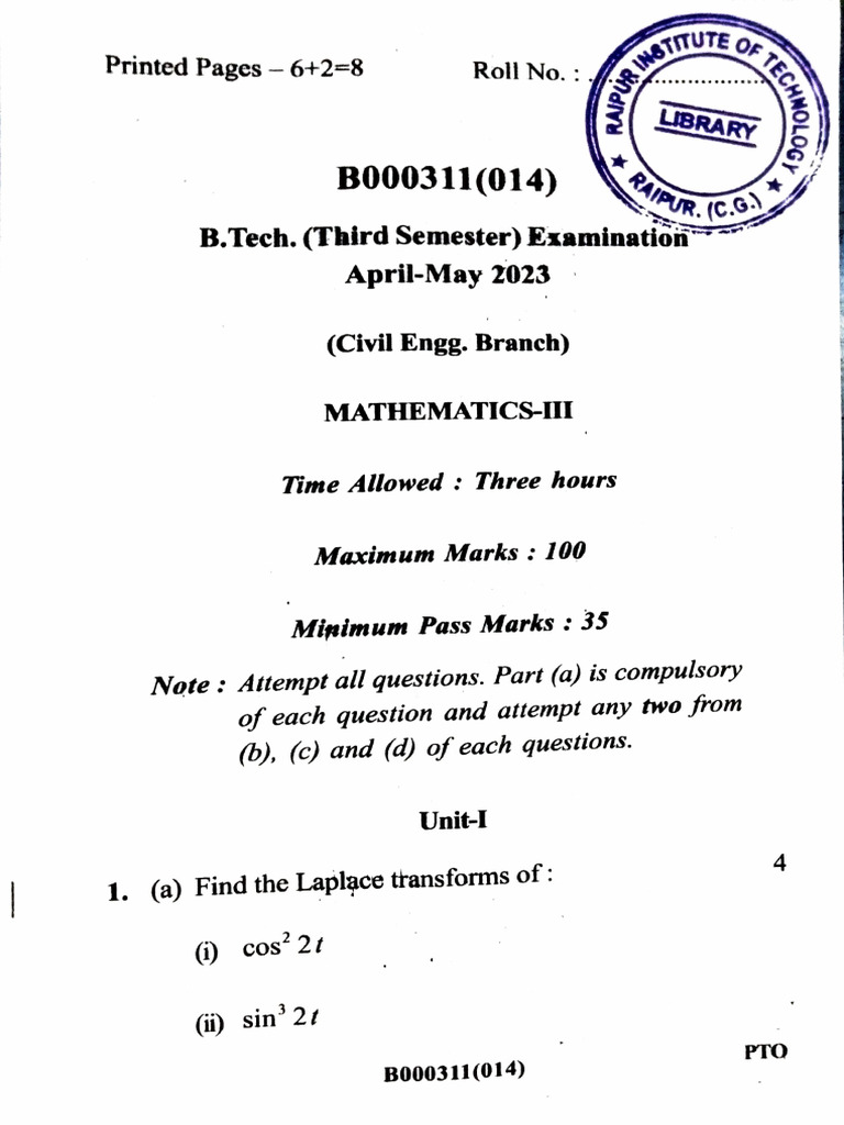 B.Tech Mathematics-III Exam Paper 2023 | PDF | Functions And Mappings ...