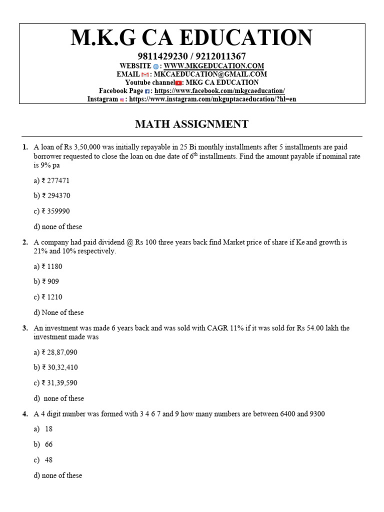 CA Education Math Assignments | PDF | Depreciation | Standard Deviation