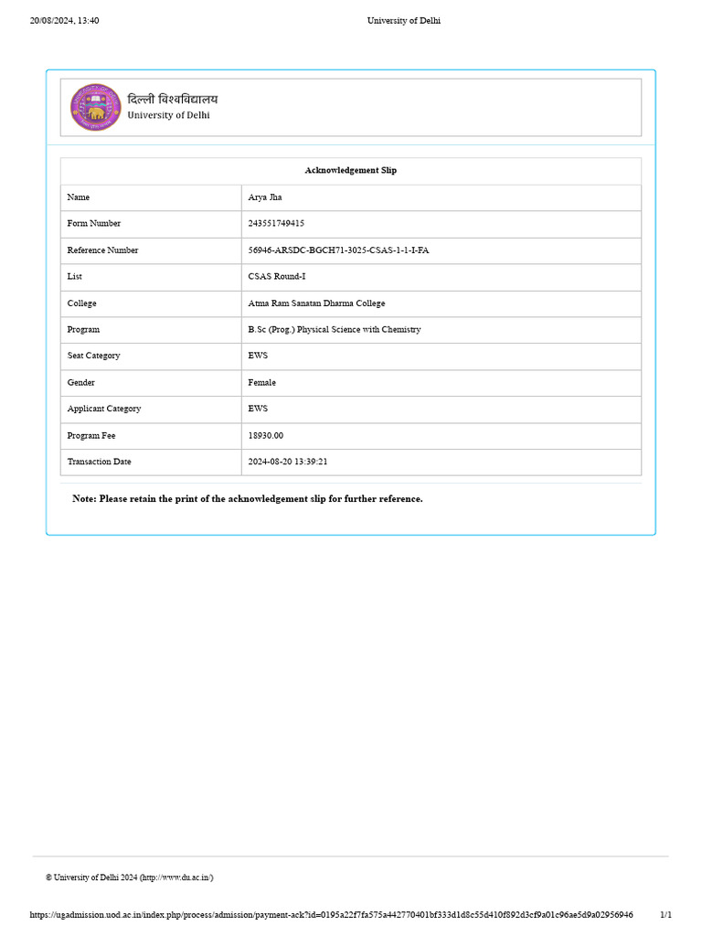 ARSD College Fee Payment Acknowledgment | PDF