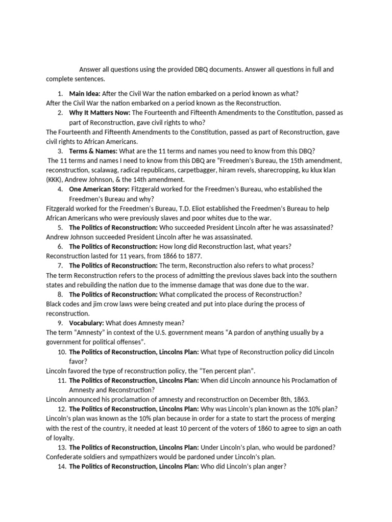 Reconstruction Era DBQ Questions Guide | PDF | Reconstruction Era | The ...