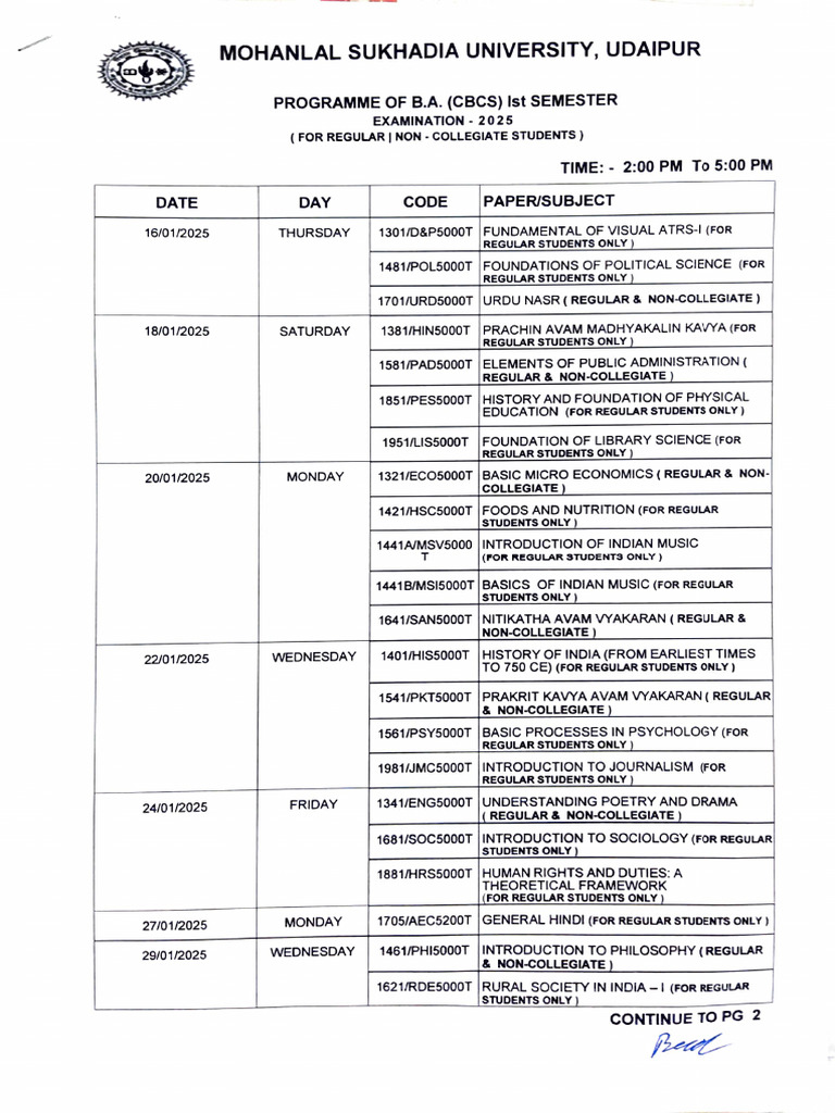 BA 1st Semester Exam Schedule 2025 | PDF | Science | Liberal Arts Education