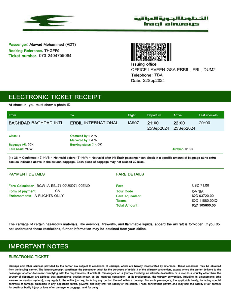 Electronic Ticket Receipt for Flight IA907 | PDF