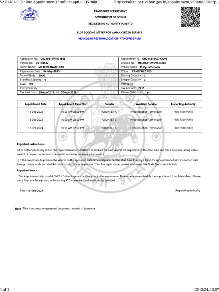 RTO Appointment Slip for Vehicle Inspection | PDF | Receipt